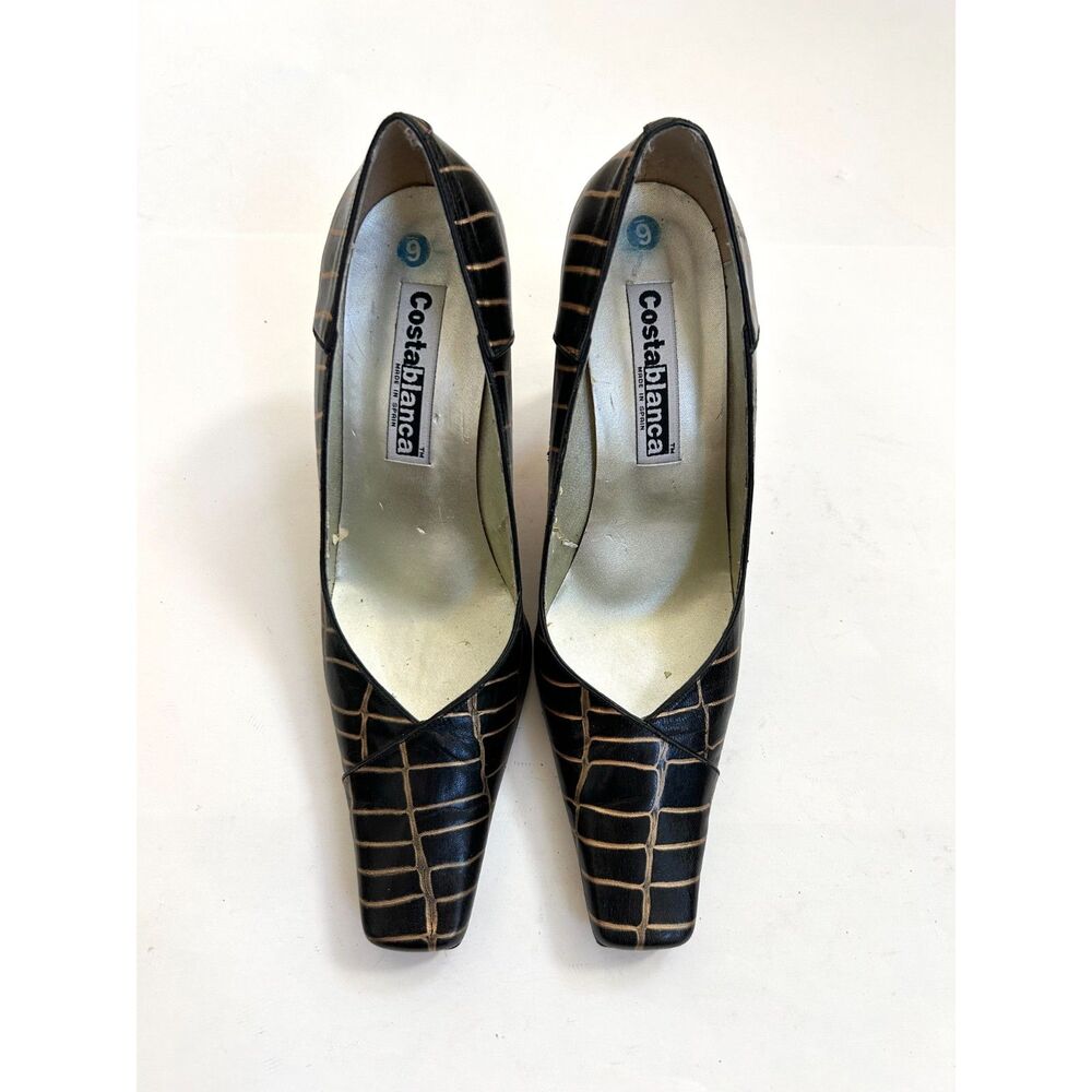 Vintage CostaBlanca Black & Gold Leather Square Toe Pumps Heels